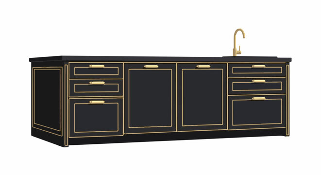 A long, black kitchen counter with gold trim and a gold faucet