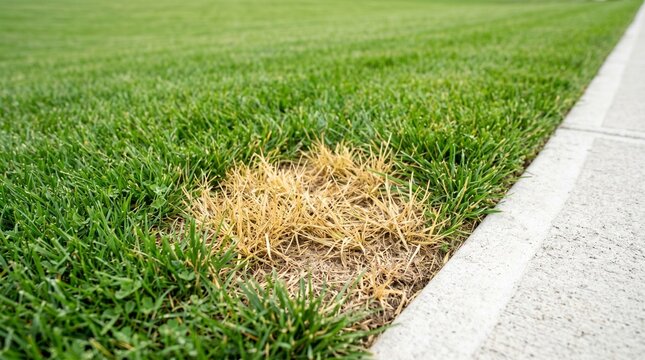 Patch of brown grass in green lawn next to concrete sidewalk  