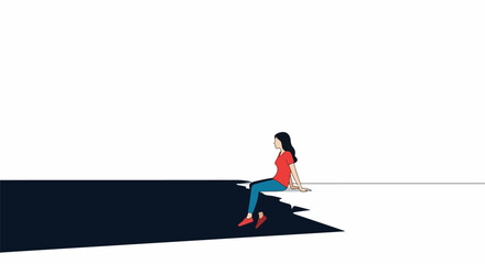 Fototapeta premium A person sits on a ledge overlooking a dark, abstract expanse