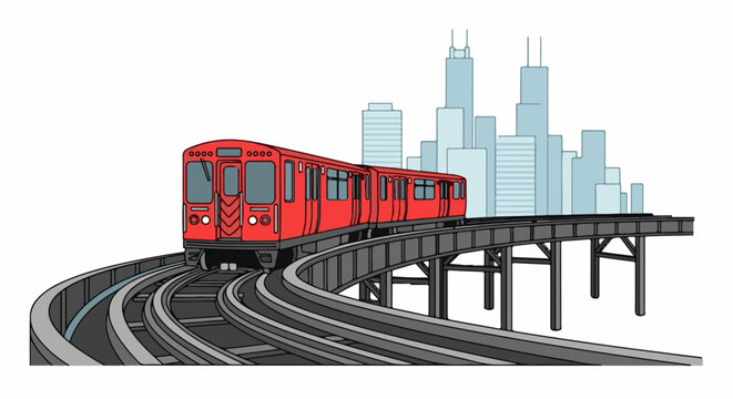 A red train on an elevated track curves past a city skyline