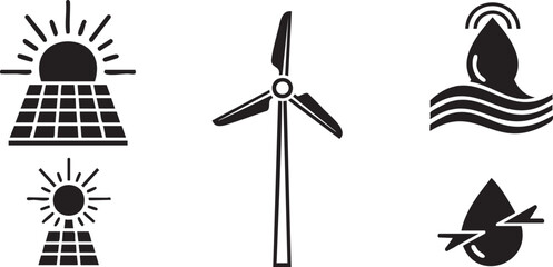 Fototapeta premium Renewable energy solar panels, wind turbine, and water power set msea set