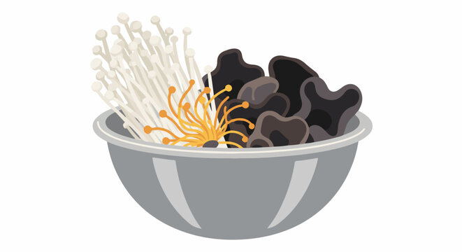 A metal bowl brimming with assorted mushrooms, including enoki and wood ear