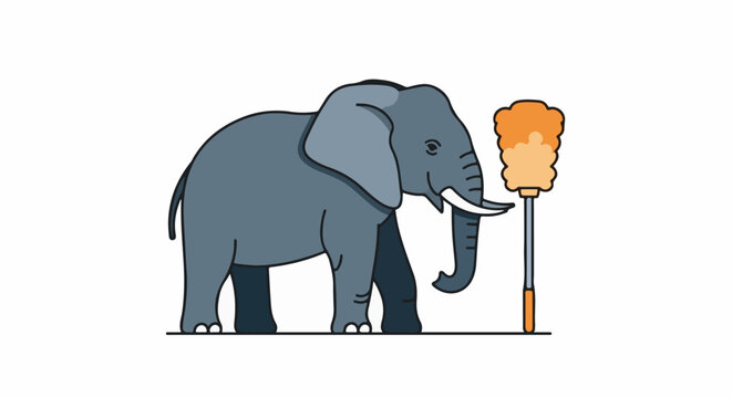A grey elephant stands next to an orange duster