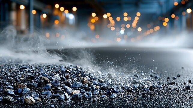 Steam rises from rocks on the ground in a dimly lit industrial area at night near a construction site