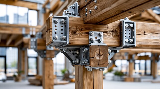 Wooden beams and metal brackets join together in modern building framework during daylight hours