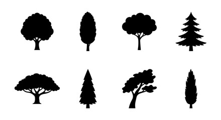 Black tree silhouettes, 8 forest plant icons, minimalist nature vector set © Saiful