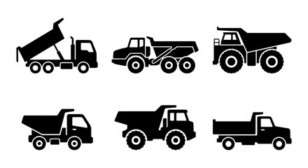 Dump truck icon set, heavy construction vehicle vectors, 6 black silhouettes © Ahsan