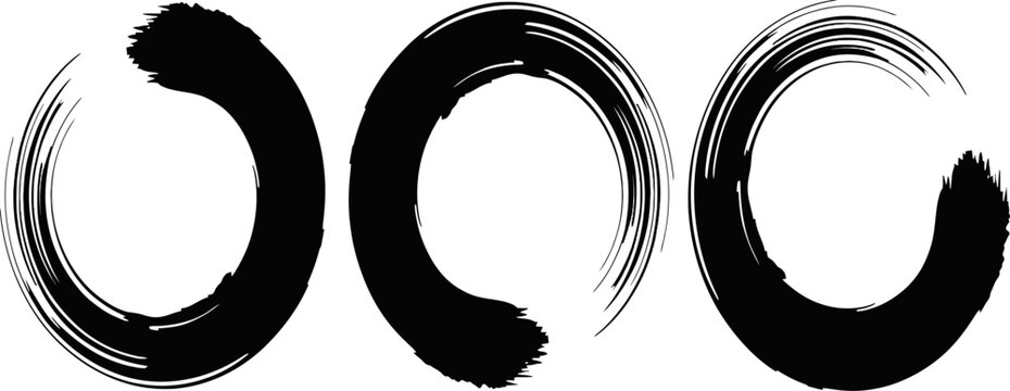 Three Brushstroke Enso Circles: Three imperfect, hand-painted black enso circles, symbolizing enlightenment, strength, and the universe, displayed in a minimalist, artistic composition.