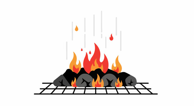 A grill grate with burning charcoal and flames