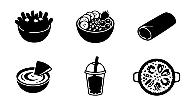 Minimalist food icons set, black meal vector symbols, 6 restaurant assets