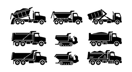 Dump Truck Icons Set, Construction Vehicle Vector Graphics, Heavy Machinery Silhouettes © Arafat