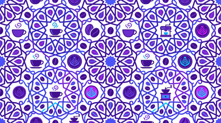 Fototapeta premium Seamless Pattern with Coffee Icons and Geometric Islamic Ornament