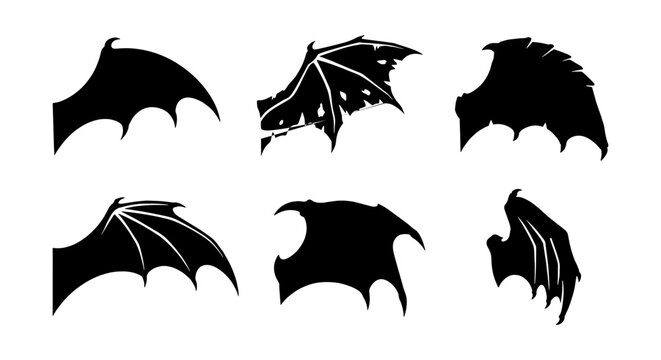 Dragon wings silhouette set, 6 bat wing vector icons, gothic demon wings