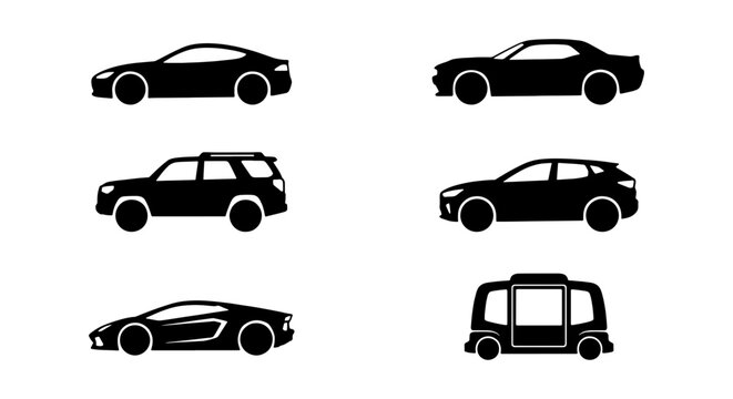 Diverse Car Icons Set: Sports, SUV, Sedan, Bus Silhouettes