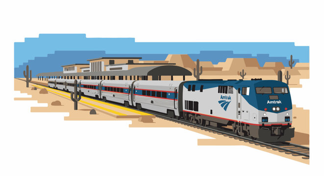 A pixelated train departs a desert station under a blue sky
