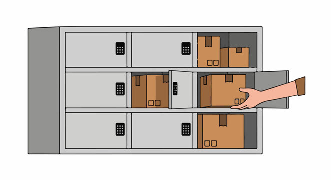 A hand retrieves a package from an open locker unit filled with boxes