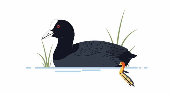 A coot bird with a white head patch and red eyes swims in water