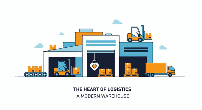 A modern warehouse complex with forklifts, a conveyor, and a truck