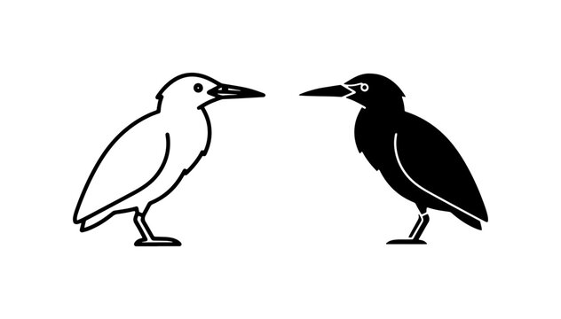 Minimalist heron bird icons. Black and white egret vector silhouettes