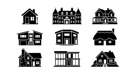 Naklejka premium Diverse House Icons Set, Residential Building Silhouettes, Architectural Styles Collection