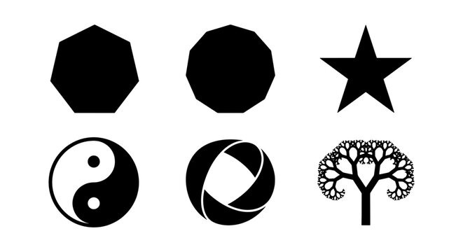 Geometric black icons set, 6 vector symbols, yin yang and tree logo