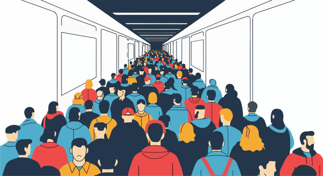 A crowded subway car interior with many passengers in colorful clothing