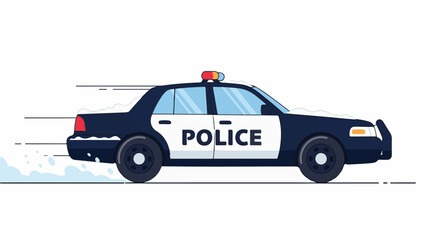 Naklejka premium A dark blue and white police car drives through a flurry of snow and mist