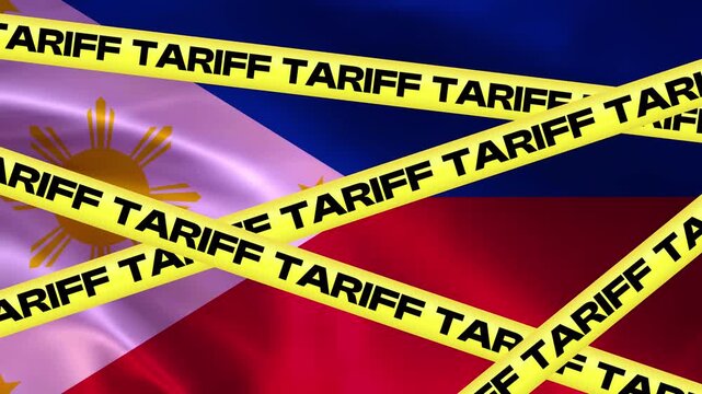 Tariff Barriers on Philippine Flag: Yellow caution tape with the word TARIFF (tariff) emblazoned repeatedly stretches across the waving flag of the Philippines.