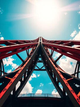 Steel beams twist into a kaleidoscopic structure under a super-saturated sky, capturing future skylines,  architecture,  development