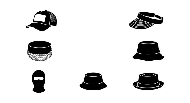 Headwear Icons Set: Baseball Cap, Visor, Bucket Hats, Balaclava, Fedora, Flat Cap Vector Graphics for Fashion and Apparel Design