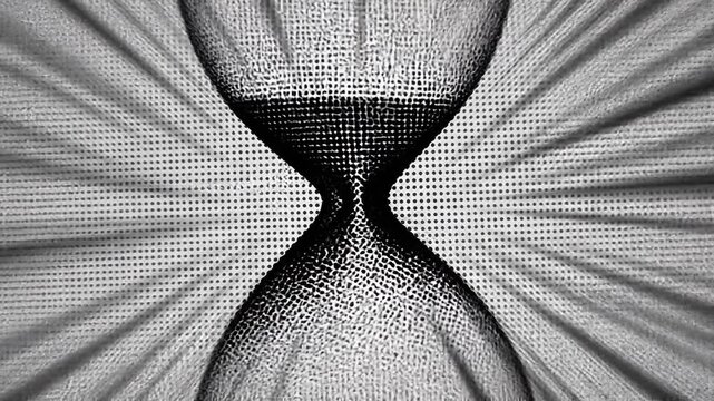 Black and White Halftone Hourglass Graphic with Radial Rays