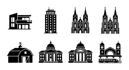 Fototapeta premium Diverse Building Icons Collection: Modern Architecture, Skyscraper, Churches, Barn, Classical Structures, Train Station Vector Set