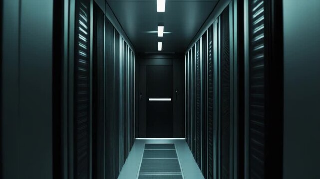 Sleek corridor illuminated by overhead lighting in a high tech data center filled with modern server racks, symbolizing cloud computing, digital infrastructure, and secure network operations