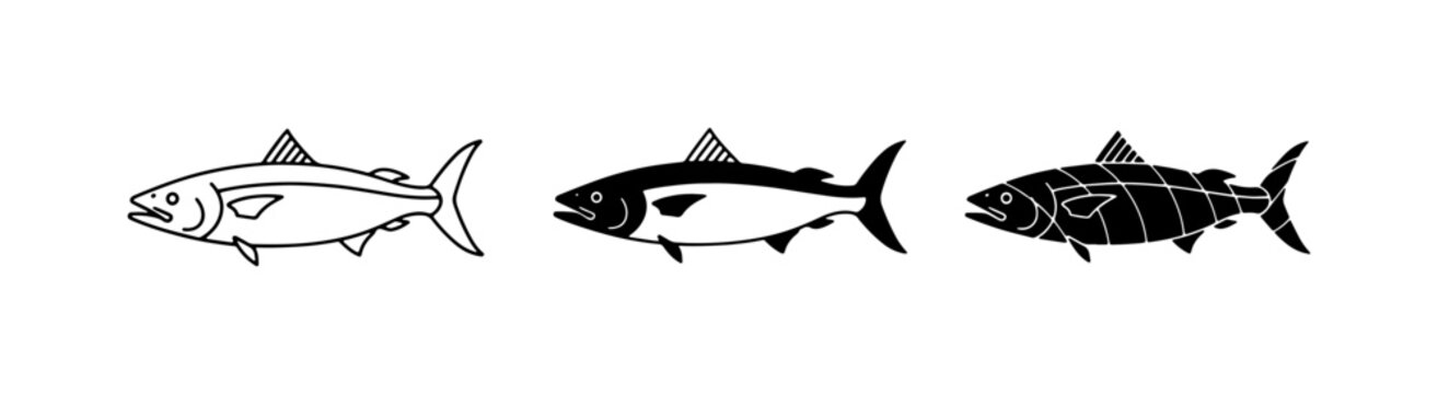 Three Tuna Fish Vector Icons: Outline, Silhouette, and Filled Styles for Seafood and Marine Themes