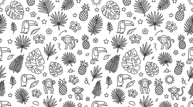 Tropical Jungle Seamless Pattern with Animals and Plants