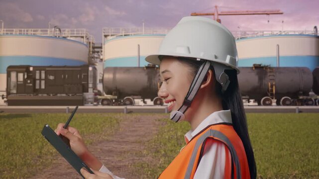 Side View of Asian Female Engineer Taking Note on Tablet While Walking at Oil Refinery with Large Fuel Tanks and Cargo Train