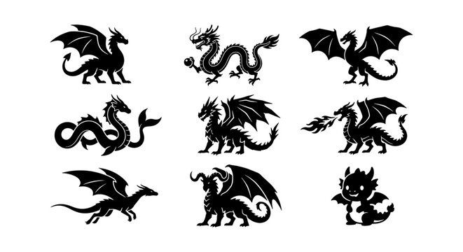 Mythical Dragon Silhouettes Vector Set, Fantasy Creature Icons, Legendary Beast Graphics, Ancient Lore Illustrations