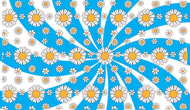 Retro 70s Daisy Flower Pattern on Blue and White Sunburst Spiral Background, Groovy Hippie Floral Illustration
