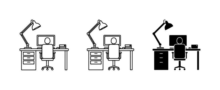 Home Office Setup, Desk with Computer and Lamp, Vector Icons for Remote Work and Study