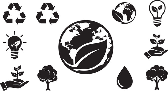 Set of black ecology featuring earth, leaves, trees, and bulbs msea set