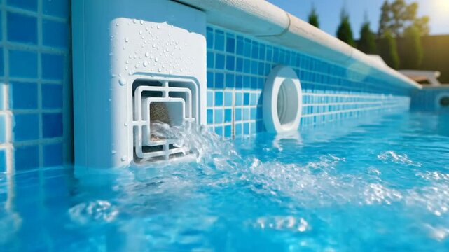 Close-up view of pool water pump outflowing clean water and creating movement on a sunny day
