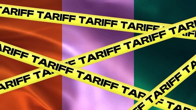Trade Barriers and Tariffs: Yellow caution tape labeled TARIFF is stretched across a flag, symbolizing economic restrictions and international trade challenges.