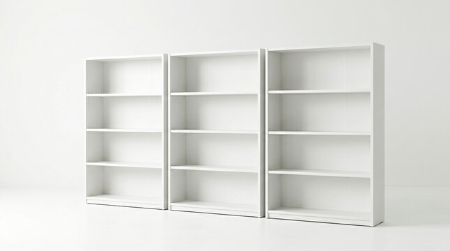 Three empty white modular bookshelves lined up against a white wall with storage solution storage space book storage