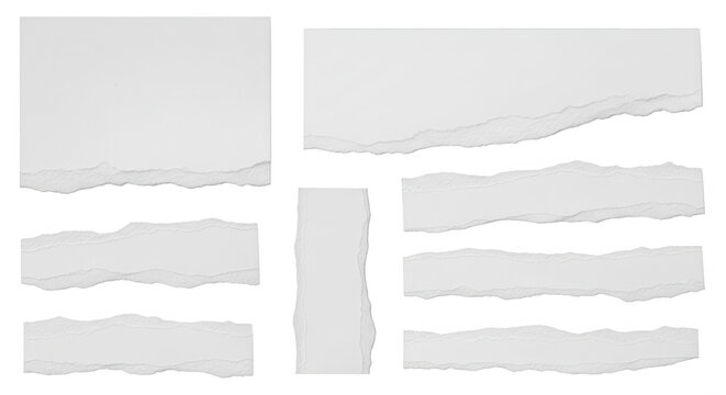 Collection of white paper scraps with rough torn edges isolated on a solid black background, for overlays
