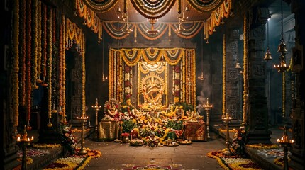 Fototapeta premium Festival decorated temple altar with sacred deity and offerings