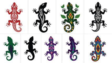 Naklejka premium Colorful Tribal Lizard Vector Collection with Ornamental and Geometric Pattern Designs