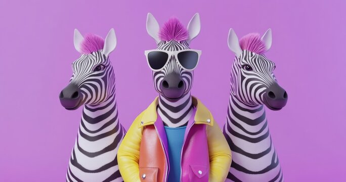 A cute, funny zebra with pink hair, wearing a colorful leather jacket and sunglasses.