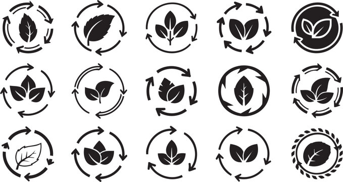 Set of fifteen black circular recycle with various leaf msea set leaves