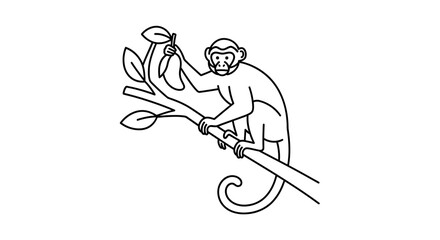 Fototapeta premium Minimalist Line Art Monkey Climbing Tree Branch with Leaves, Simple Black and White Illustration
