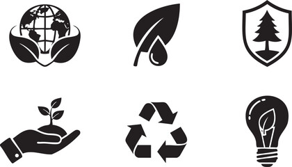 Fototapeta premium Set of six black eco-friendly featuring earth, leaves, and nature msea set